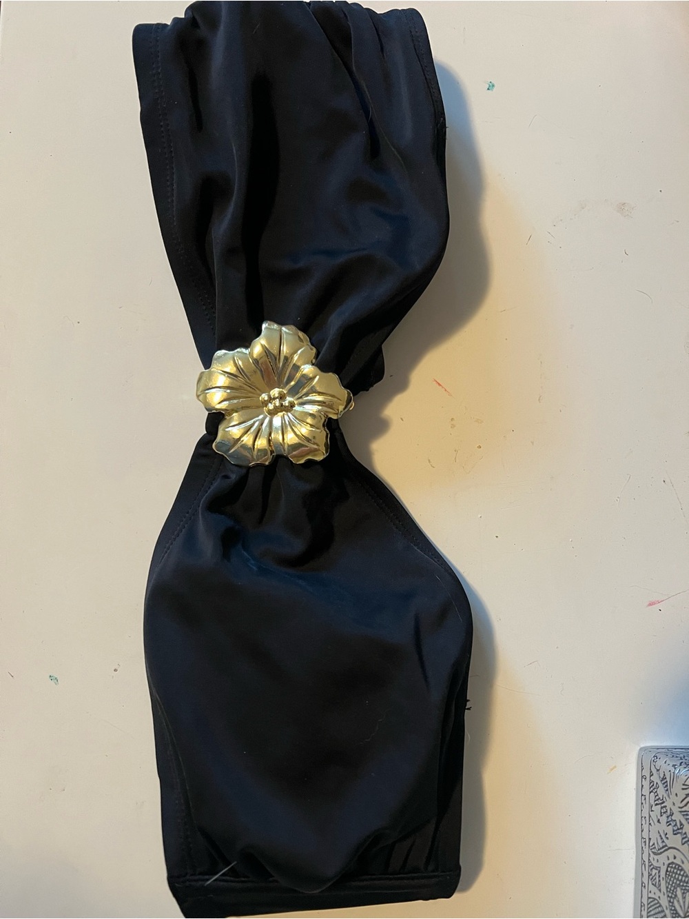 Black Floral-Accent Headband with Gold Flower